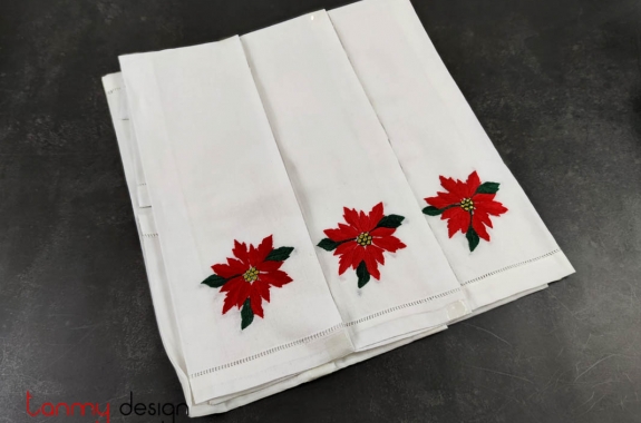 Bộ khăn lau tay Noel trắng thêu hoa đỏ(6 chiếc)